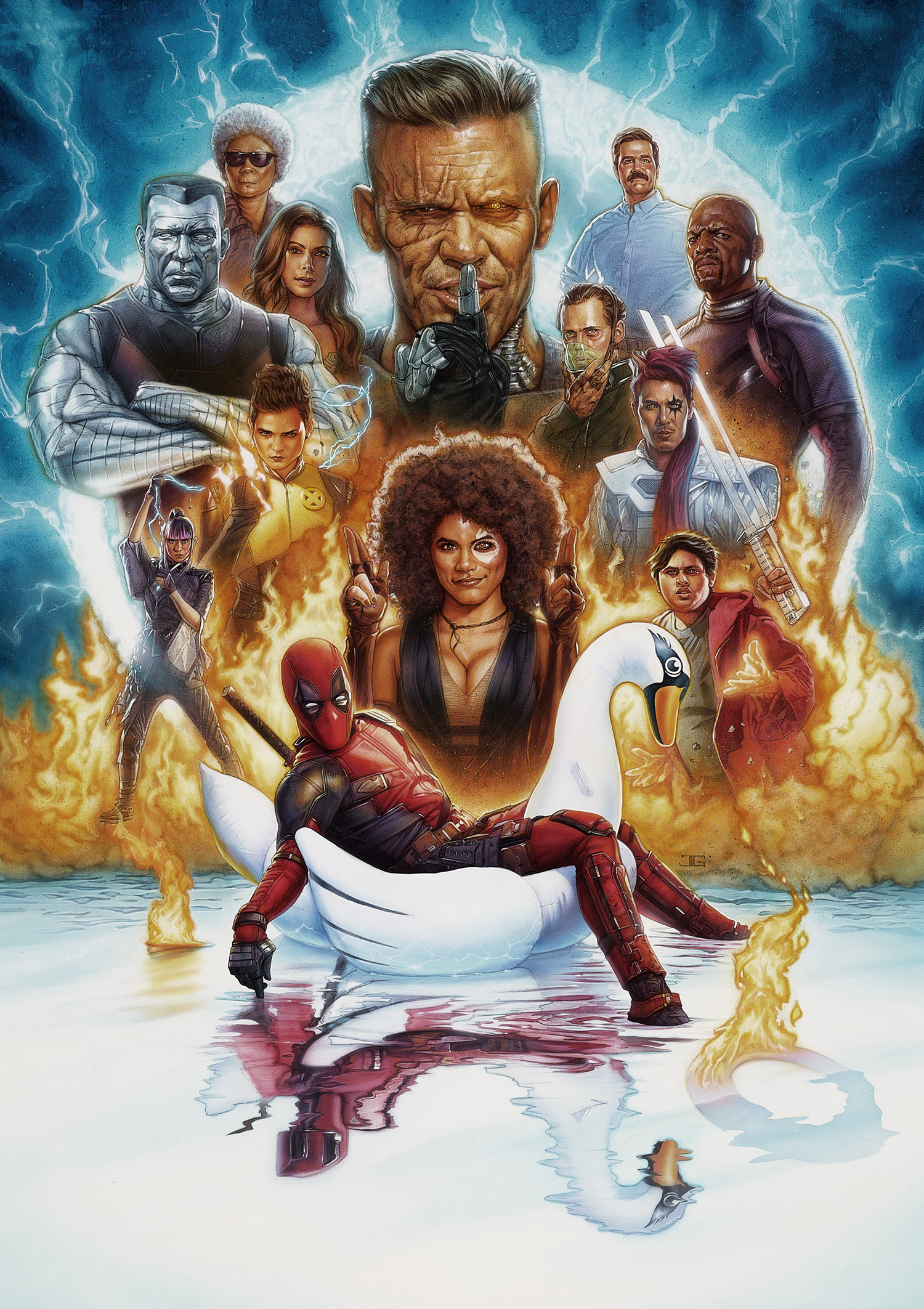 Deadpool 2 movie poster illustrated one sheet, David Leitch, Ryan Reynolds, Josh Brolin, Cable, Zazie Beetz, Domino, Marvel, Rob Liefeld, Terry Crews, Bedlam, Julian Dennison, Russell, Colossus, Leslie Uggams, Blind Al, Brianna Hildebrand, Negasonic Teenage Warhead, Lewis Tan, Shatterstar, Rob Delaney, Peter, Morena Baccarin, Vanessa, Shioli Kutsuna, Yukio, Bill Skarsgård, Zeitgeist, X-Force